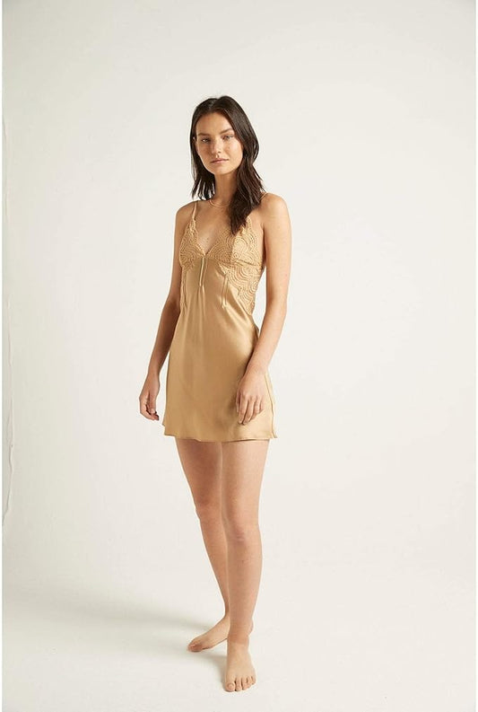 Silk Chemise with Pintuck and Lace - Gold