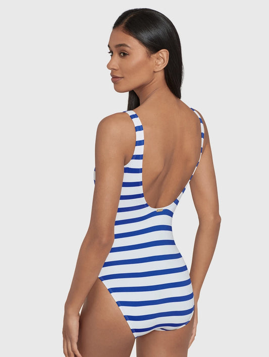 Port Stripe Laced Front One Piece Swimsuit