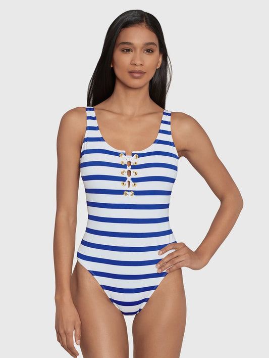 Port Stripe Laced Front One Piece Swimsuit