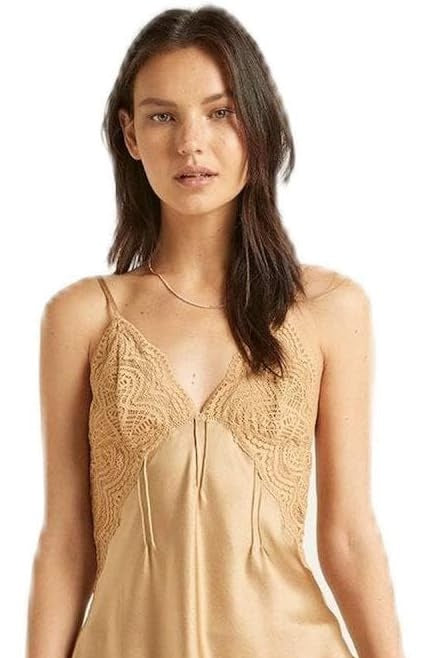 Silk Nightdress with Pintuck and Lace - Gold
