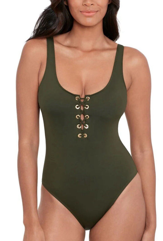 Lace Up Tank Solid One Piece Swimsuit